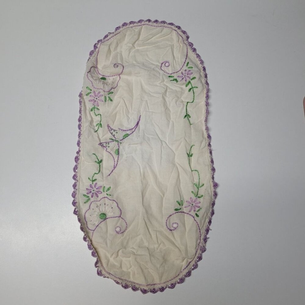 Embroidered Vintage Linen Butterfly Purple‎ Green Stitch Granny Cottage Lace